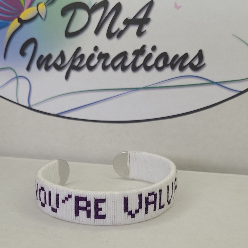 Handmade Purple & White "You're Valuable" Inspirational Bracelet